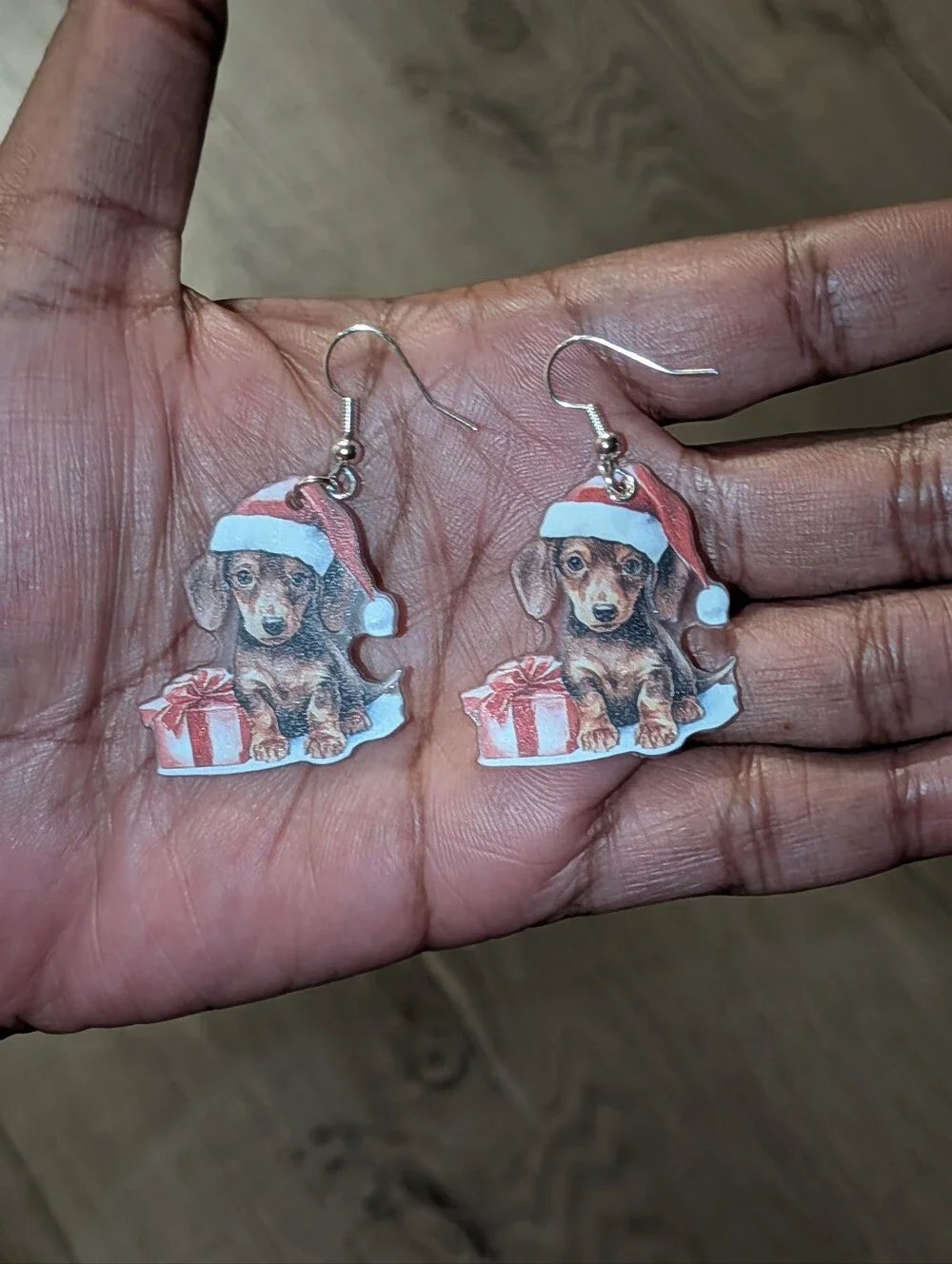 Hand Crafted Dachshund in Santa Hat Acrylic Drop Earrings - Red & Brown